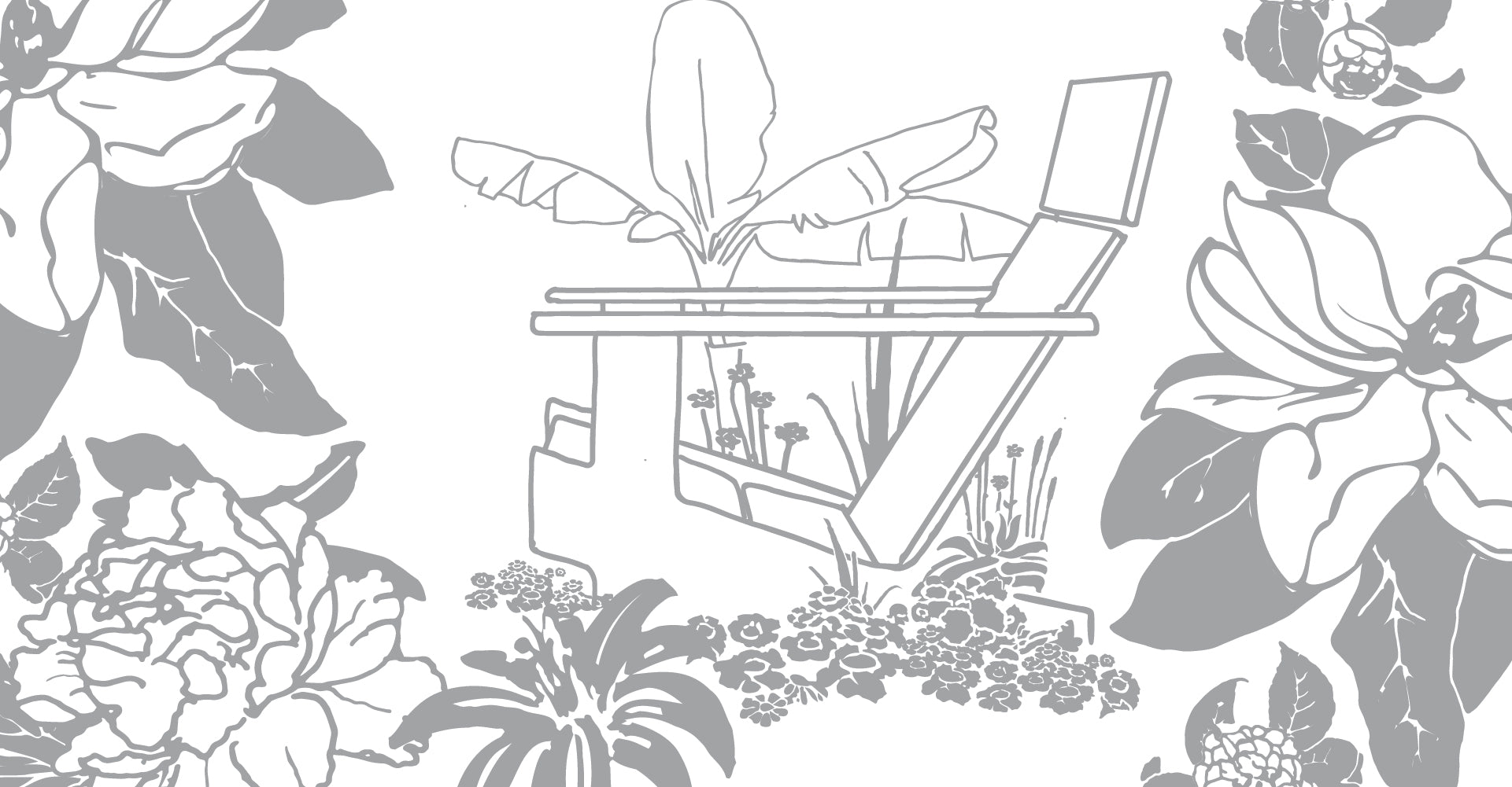 Greyscale illustration of lollygagger chair surrounded by large tropical flowers. 